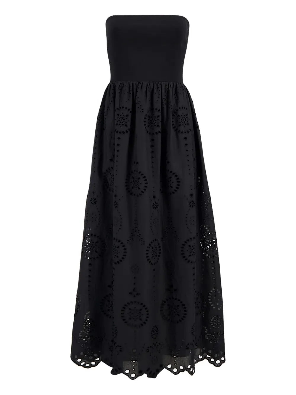 Strapless Knit and Broderie Dress in Black by Matteau featuring a strapless bodice and scalloped hem.