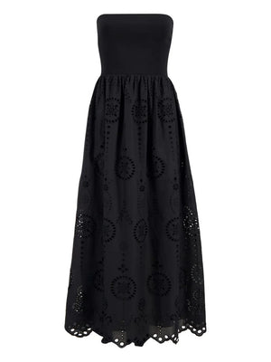 Strapless Knit and Broderie Dress in Black by Matteau featuring a strapless bodice and scalloped hem.