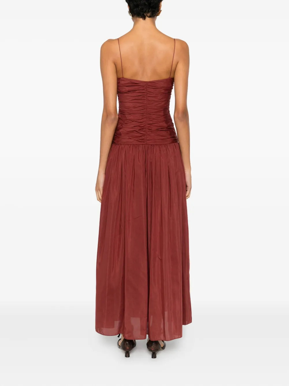 Back view of Matteau's Gathered Drop Waist Dress in Maroc, highlighting its gathered bodice and stylish shape.