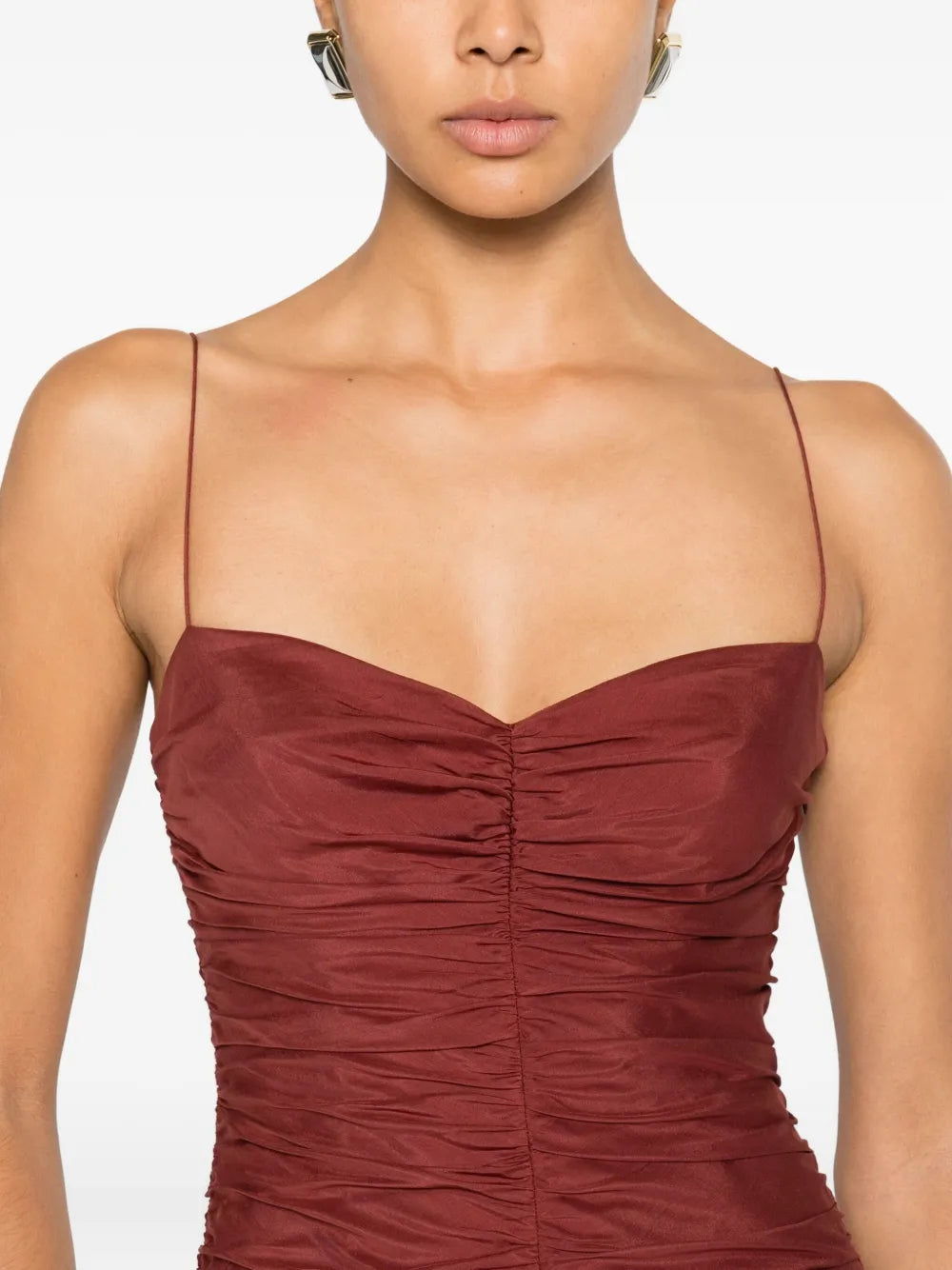 Close-up detail of the Gathered Drop Waist Dress in Maroc, made from a soft blend of organic cotton and silk.