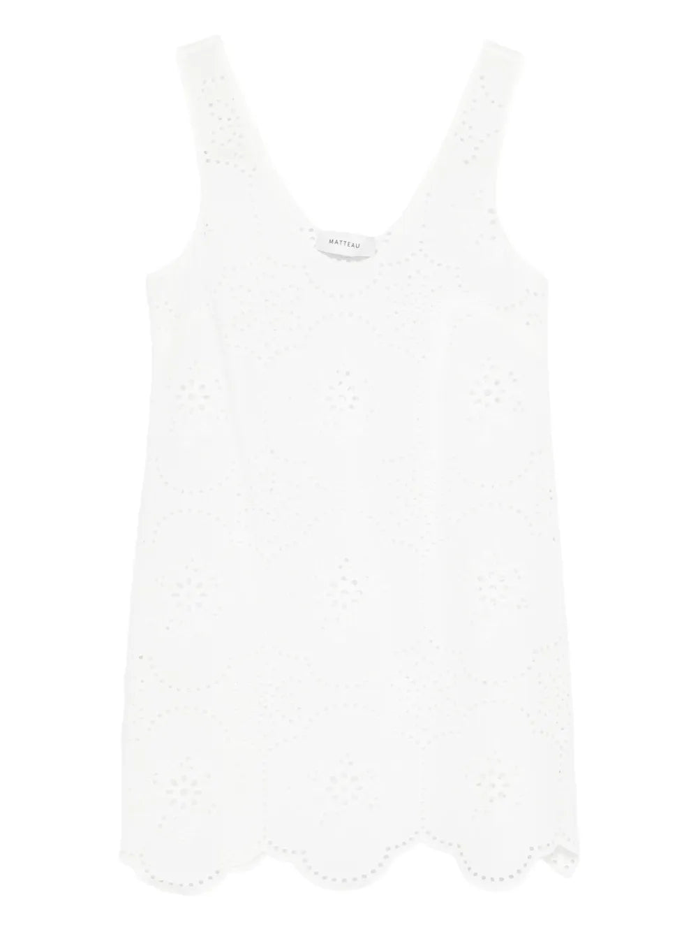 Broderie Tank Dress in White by Matteau featuring delicate floral embroidery and a scalloped hem.