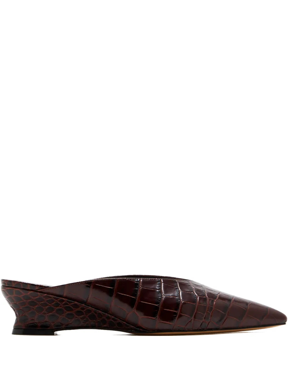 Victoria Micro Wedge Mule in Brown showcasing the croc embossed calf leather design and pointy toe.