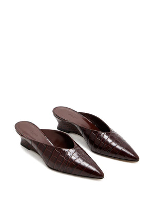 Close-up view of the Victoria Micro Wedge Mule in Brown highlighting the cushioned calf leather insole.