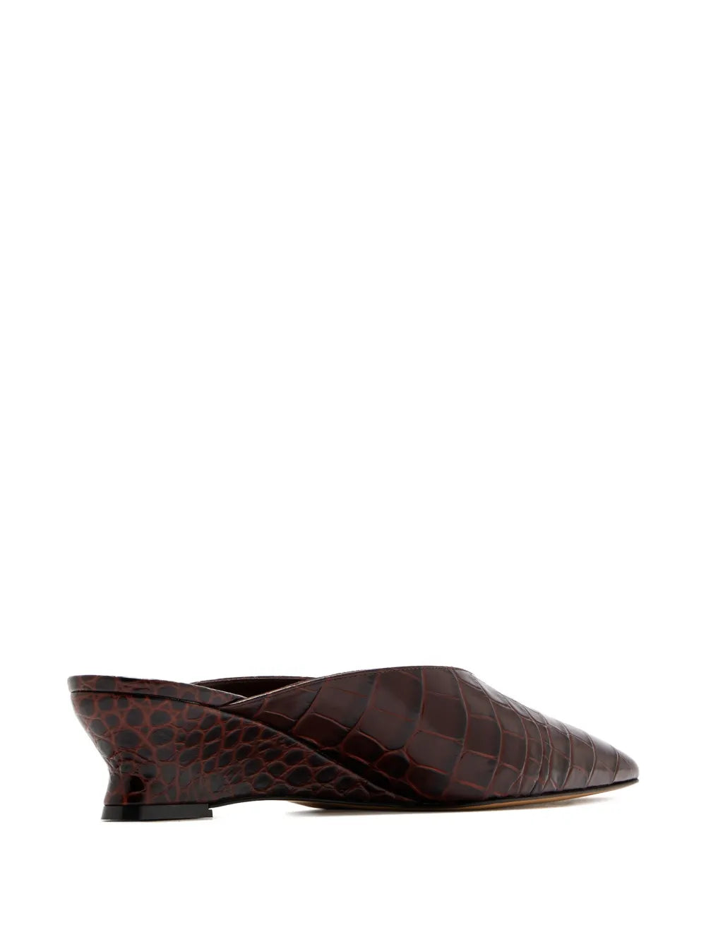 Side view of the Victoria Micro Wedge Mule in Brown demonstrating the elegant 40mm heel.