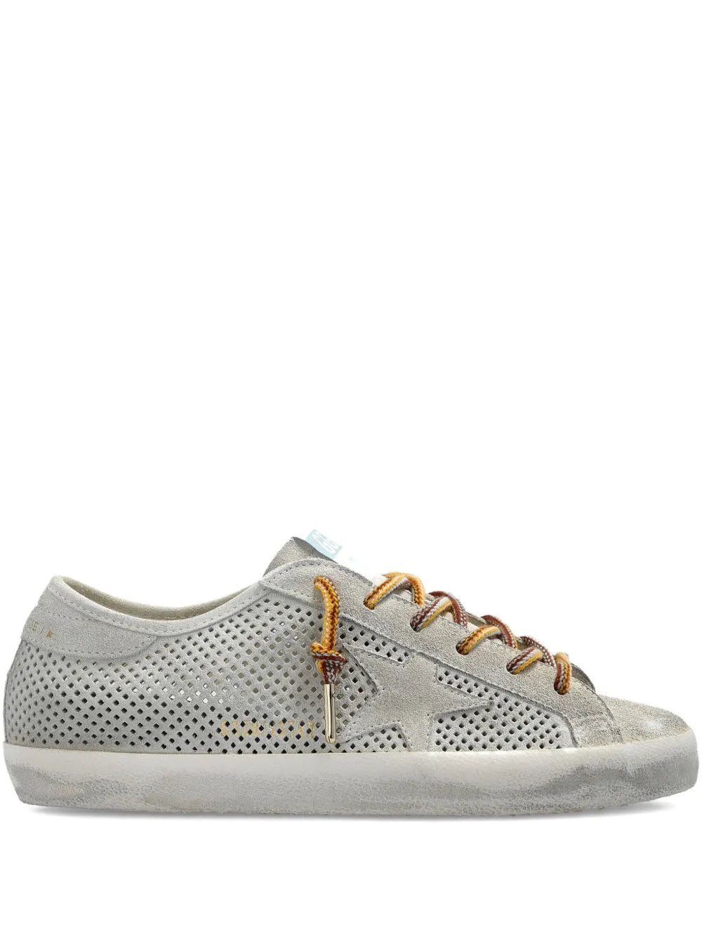 Grey Perforated Super Star sneakers by Golden Goose Deluxe Brand featuring a stylish grey suede star and heel tab.