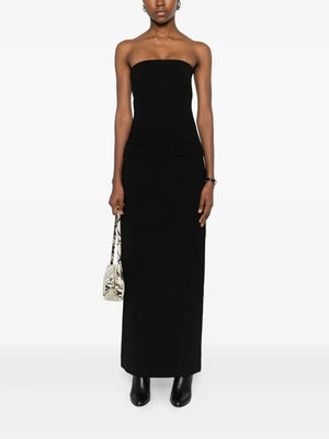Elegant view of the Strapless Pocket Dress in Black, highlighting its darted construction and sophisticated design.