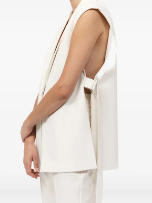 Close-up of the Relaxed Side Tie Vest in Off White, emphasizing the quality of the RWS wool and recycled polyester blend.