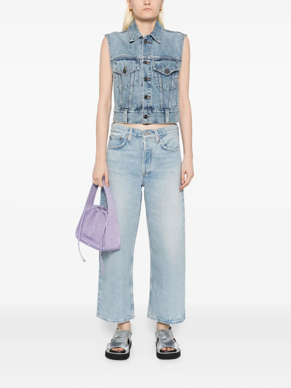 Detail view of Agolde's Arc Jean in Orten, highlighting the soft, non-stretch cotton denim and medium worn-in indigo finish.