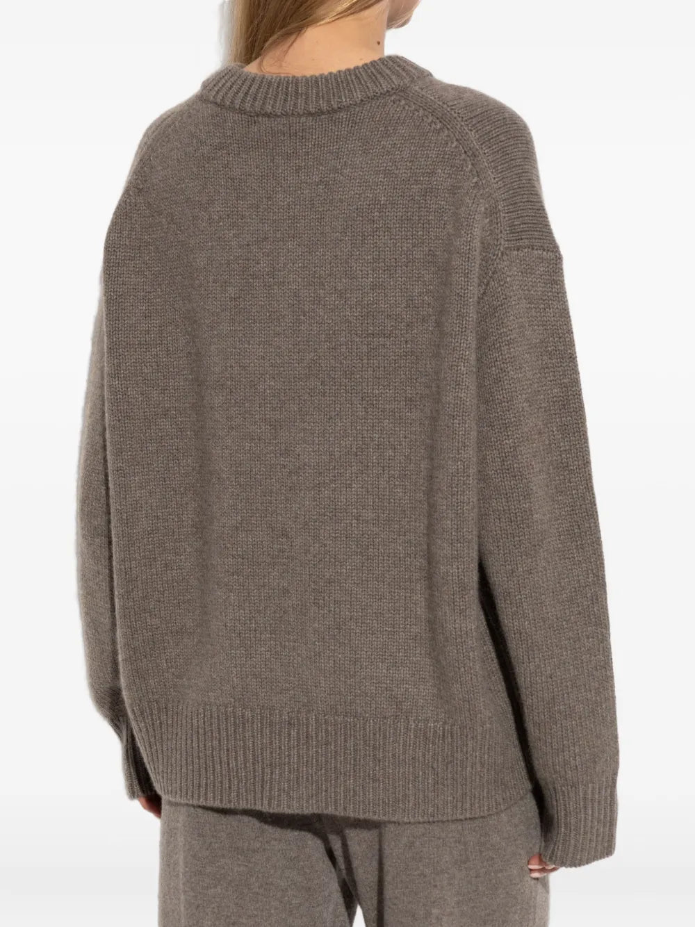 Close-up of the Renske Sweater in Truffle, demonstrating the cozy 100% cashmere fabric and intricate knit.