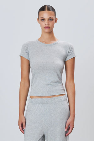 Fitted Crewneck Short Sleeve T-shirt in Heather Grey showcasing soft cotton/modal blend, an ideal fitted crewneck t-shirt for versatile looks.