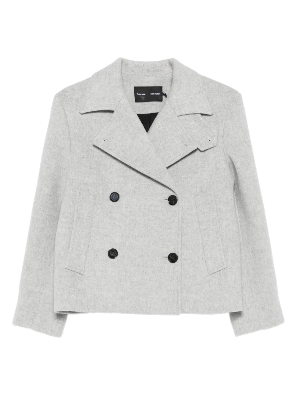 Nola Jacket in Grey by Proenza Schouler, showcasing a tailored cropped trench silhouette with notch lapels and removable storm guard, perfect for stylish layering.
