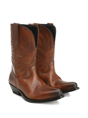 Elegant tan leather upper of Low Wish Star Boots by Golden Goose, highlighting tonal stitching for a stylish look.