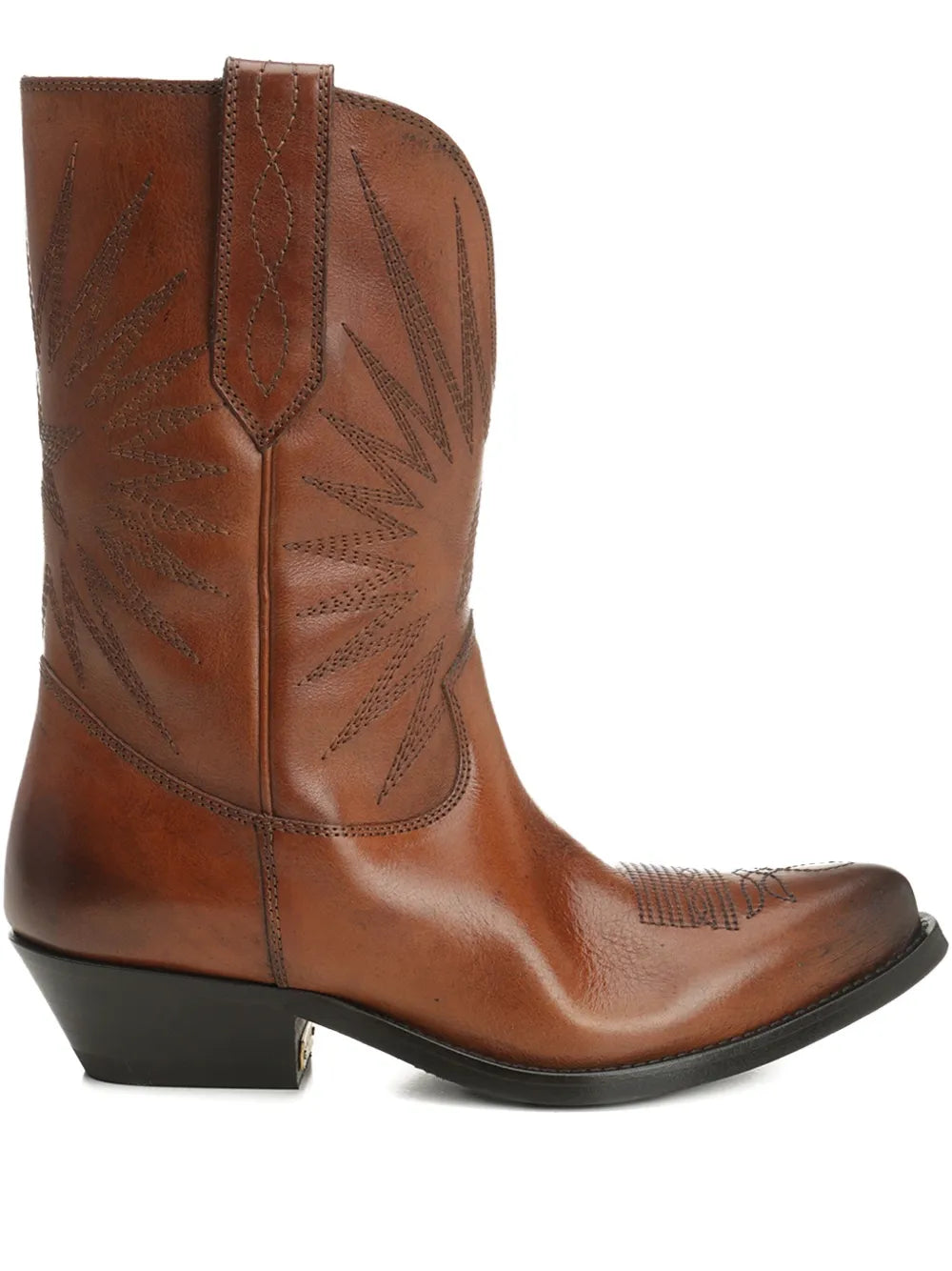 Low Wish Star Boots in Tan by Golden Goose, showcasing the unique Venetian artisan and cowboy spirit with detailed embroidery.