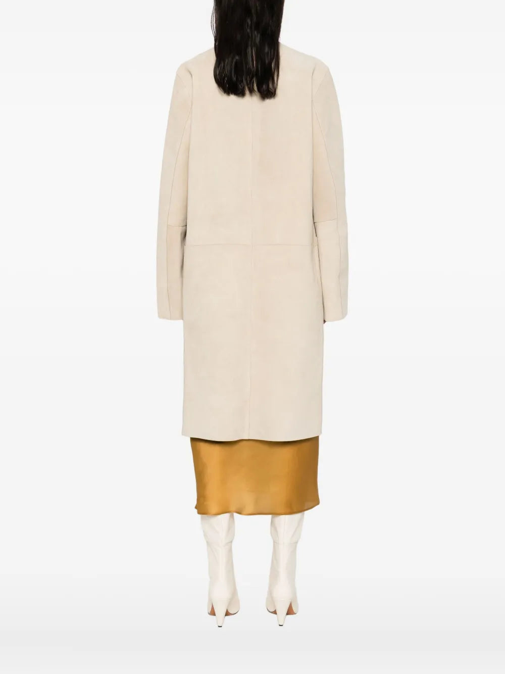 Collarless Suede Coat in Peanut