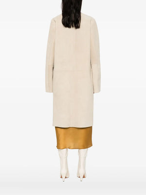 Collarless Suede Coat in Peanut