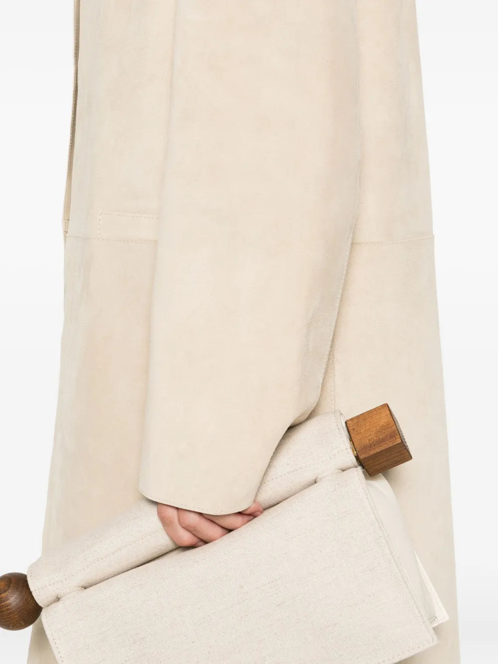 Collarless Suede Coat in Peanut