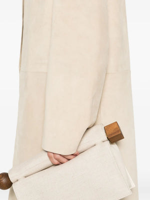 Collarless Suede Coat in Peanut