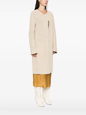 Collarless Suede Coat in Peanut