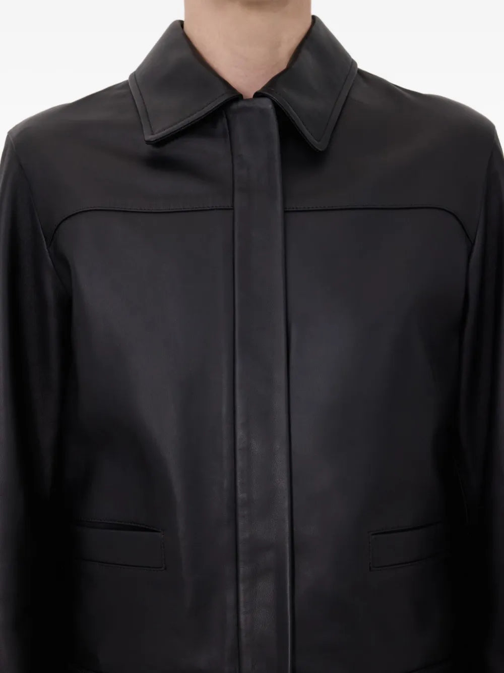 Worn outfit featuring the Loulou de Saison Ascot Leather Jacket in Black, ideal for adding a chic touch to any wardrobe as a versatile black leather jacket.