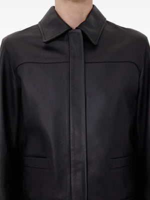 Worn outfit featuring the Loulou de Saison Ascot Leather Jacket in Black, ideal for adding a chic touch to any wardrobe as a versatile black leather jacket.