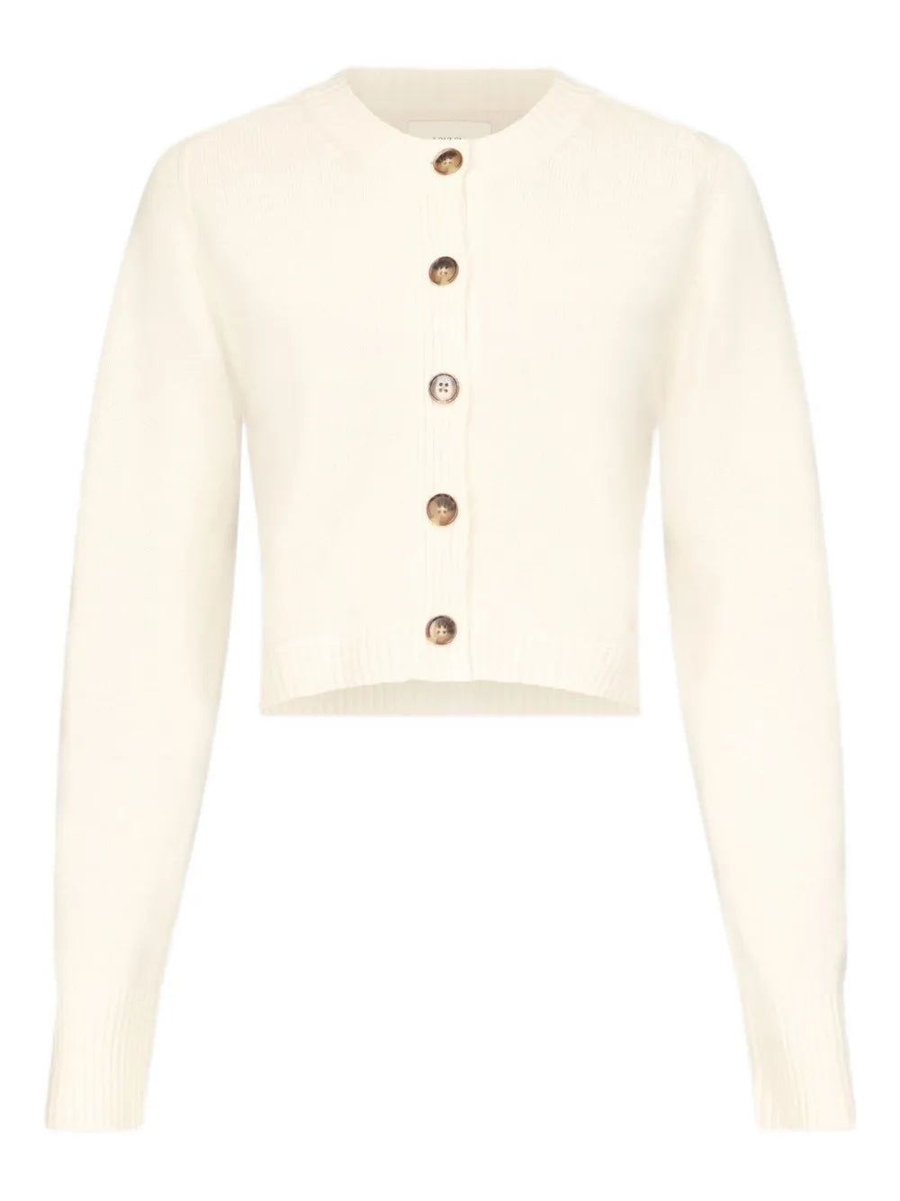 Zephir Cropped Cashmere Cardigan in Ivory showcasing the fitted silhouette and long sleeves that create an elegant look. Perfect example of a stylish cropped cashmere cardigan.