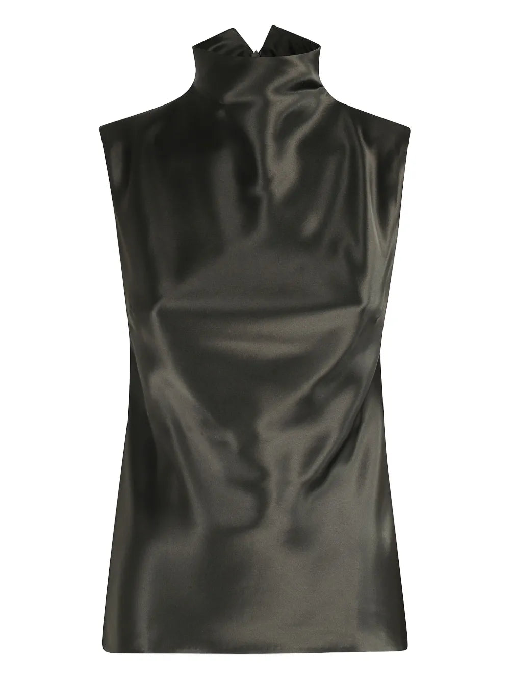 Colson Top in Dark Green from Nanushka showcasing the elegant slip satin fabric and streamlined fit with a turtleneck design.