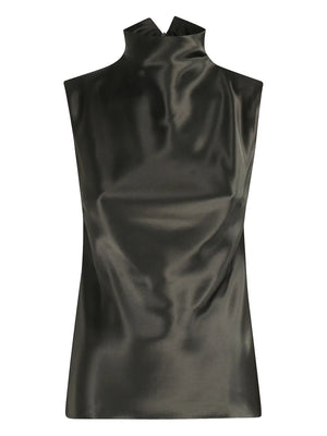 Colson Top in Dark Green from Nanushka showcasing the elegant slip satin fabric and streamlined fit with a turtleneck design.