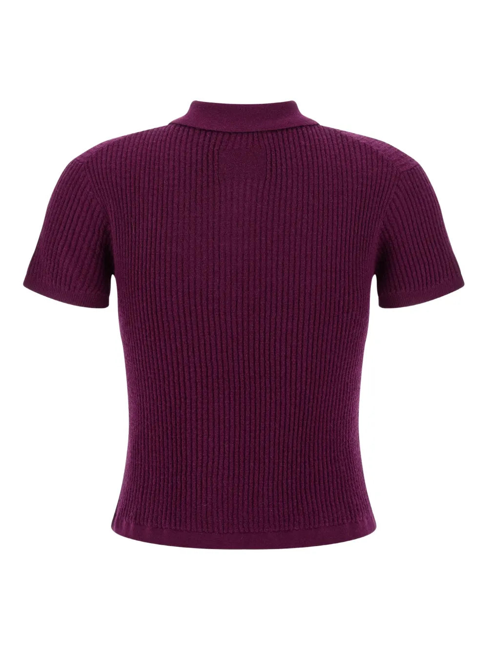 Flat lay of the Shrunken Polo in Aubergine, emphasizing its fine cashmere composition and vibrant color.