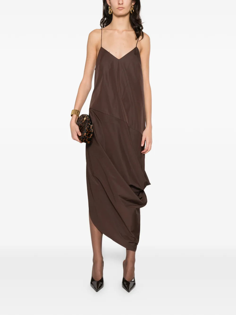 Close-up of the Paper Taffeta Drape Dress in Mocha, highlighting the delicate bust darts and fabric texture.