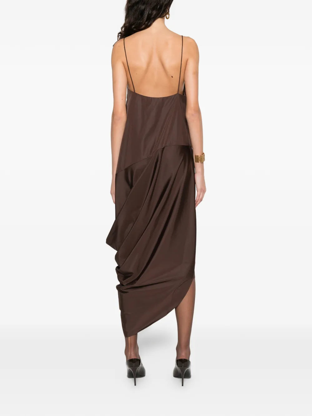 Back view of the Paper Taffeta Drape Dress in Mocha, illustrating the elegant silhouette and 7/8 length cut.