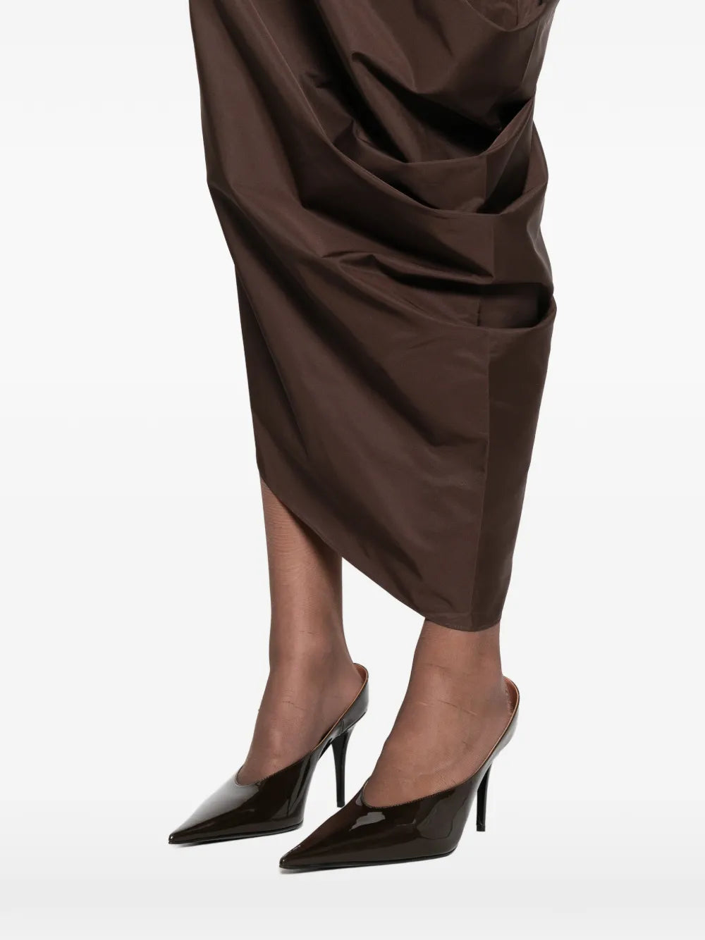 Full body shot of a model wearing the Paper Taffeta Drape Dress in Mocha by St. Agni, perfect for any occasion.