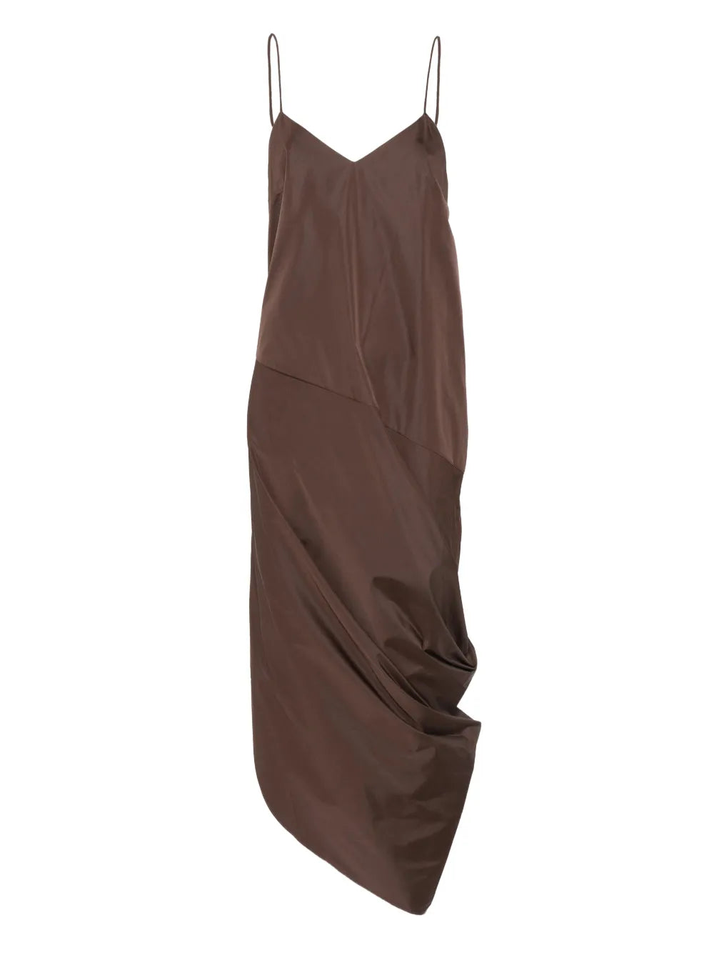 Stylish Paper Taffeta Drape Dress in Mocha by St. Agni featuring V-neckline and rouleau straps.