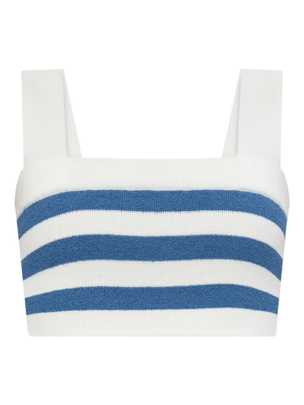 Ari Crop Top in Blue Stripe featuring classic stripes and wide straps, perfect for summer outfits. Ideal blue stripe crop top for casual wear.