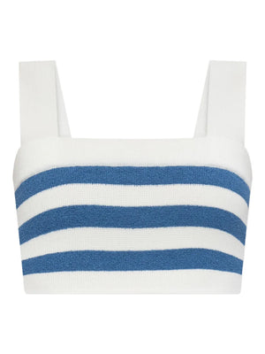 Ari Crop Top in Blue Stripe featuring classic stripes and wide straps, perfect for summer outfits. Ideal blue stripe crop top for casual wear.