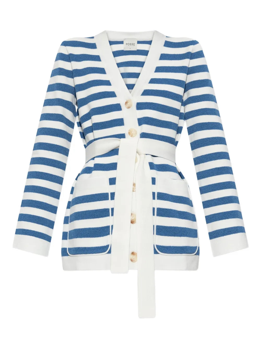 Ari Cardigan in Blue Stripe, a stylish striped cardigan for women with a soft textured knit.