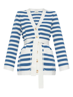 Ari Cardigan in Blue Stripe, a stylish striped cardigan for women with a soft textured knit.