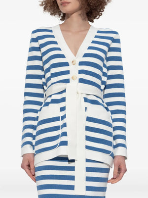 Ari Cardigan in Blue Stripe featuring patch pockets, a detachable belt, and a comfortable fit as a perfect striped cardigan for women.
