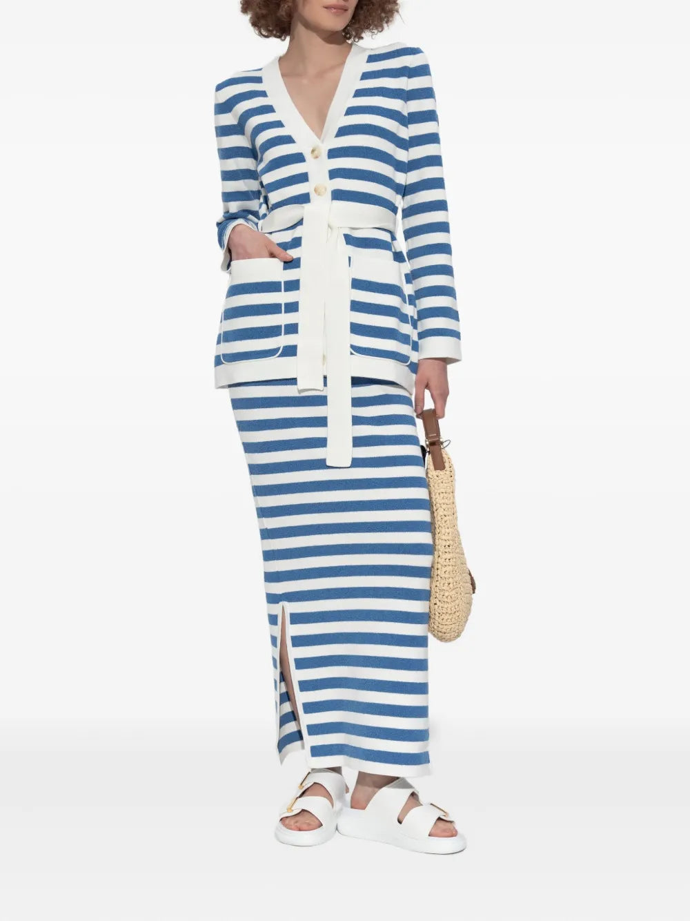 Close-up view of the Ari Cardigan in Blue Stripe showcasing the classic stripes and mottled buttons.