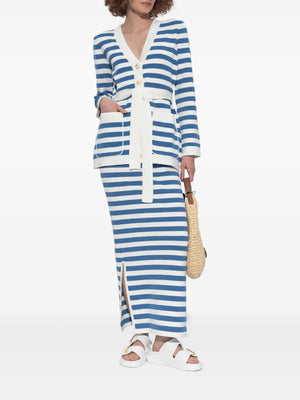 Close-up view of the Ari Cardigan in Blue Stripe showcasing the classic stripes and mottled buttons.