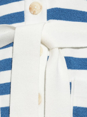 Back view of the Ari Cardigan in Blue Stripe highlighting the unique design of this striped cardigan for women.