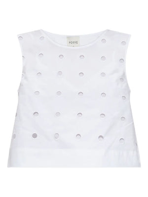 Peggy Top in Vintage White featuring stunning laser cut embroidery details, perfect for stylish outfits.