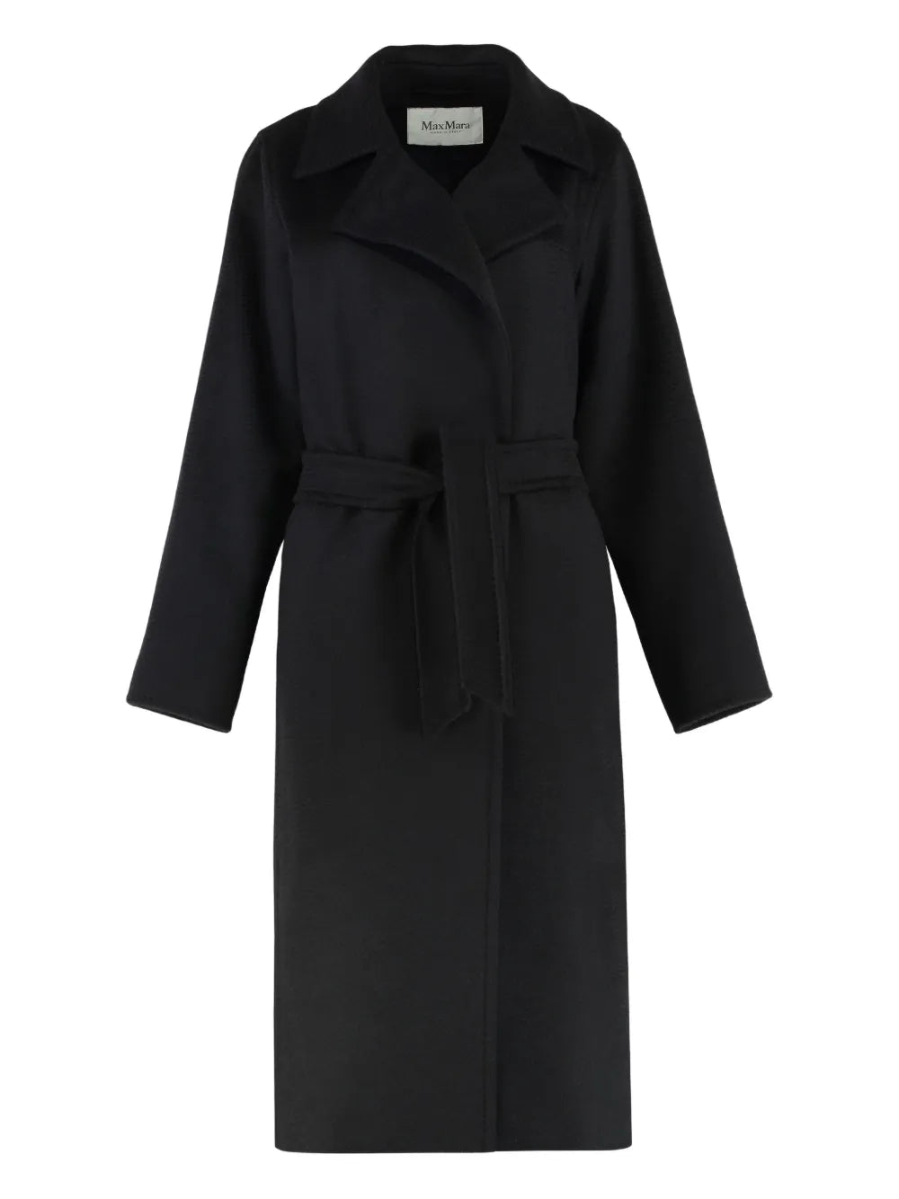 Manuela Belted Coat in Black by Max Mara, showcasing a timeless design in luxurious camel wool with elegant belted detail.