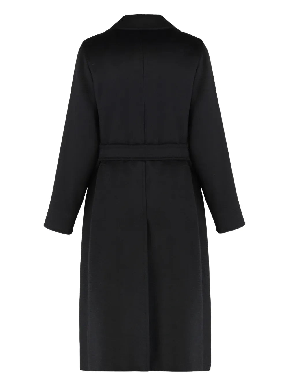 Close-up view of the Manuela Belted Coat in Black, highlighting the quality fabric and sophisticated design by Max Mara.