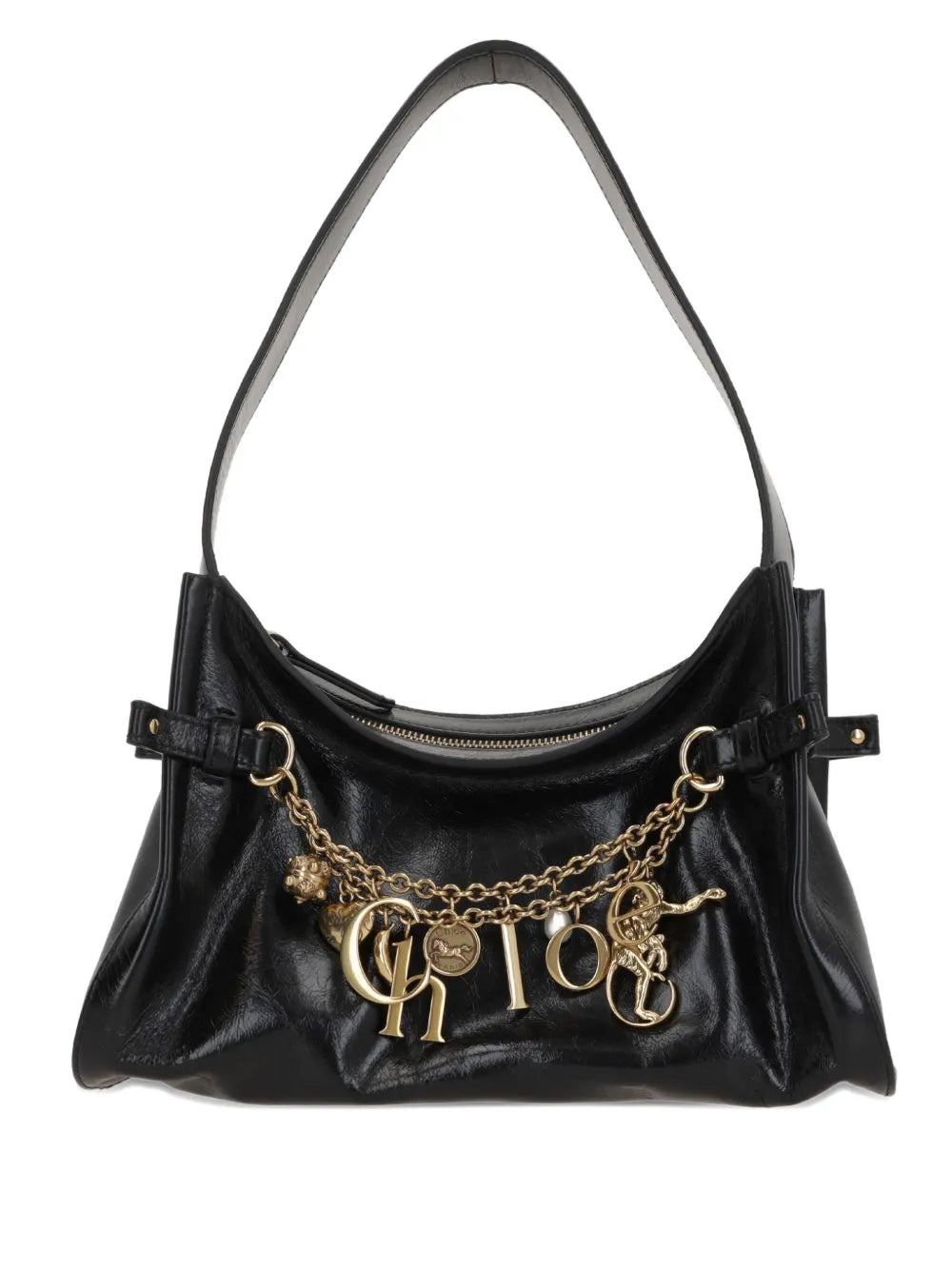 Chloé Charms Hobo Bag in Black showcasing its elegant calfskin material and unique gold-tone double chain.
