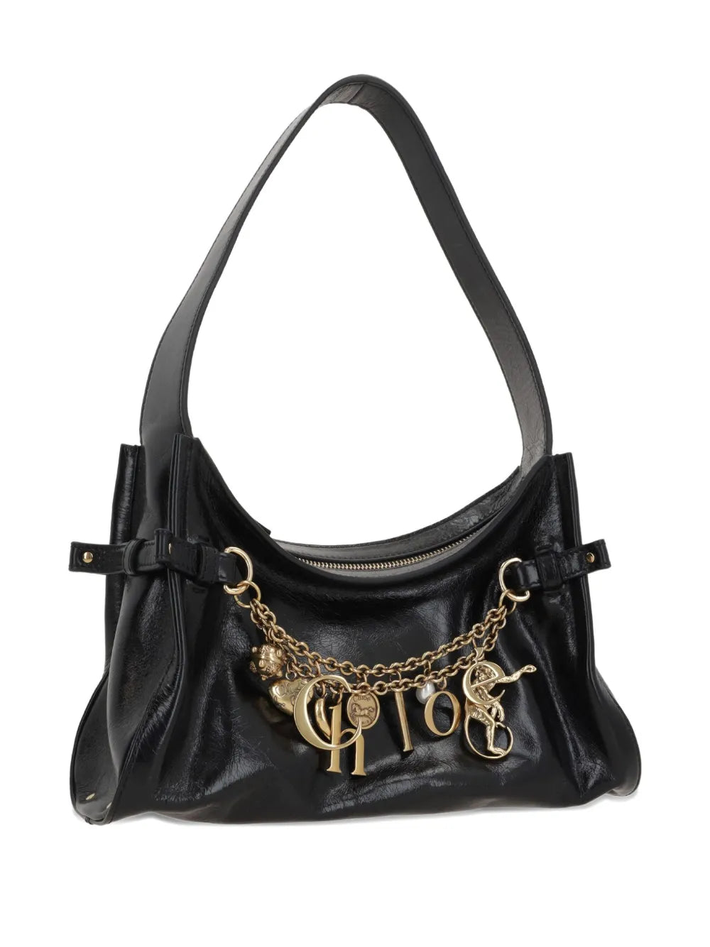 Close-up of Chloé Charms Hobo Bag in Black highlighting the dangling pendants and signature Chloé letters.