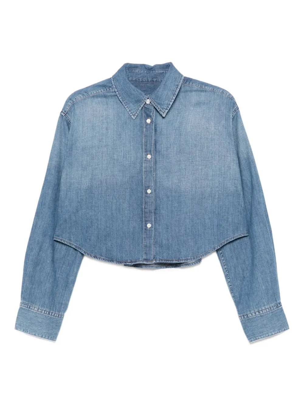 Ana Cropped Shirt in Somerset, a stylish cropped denim shirt made of lightweight Japanese cotton denim with a modern pointed collar.