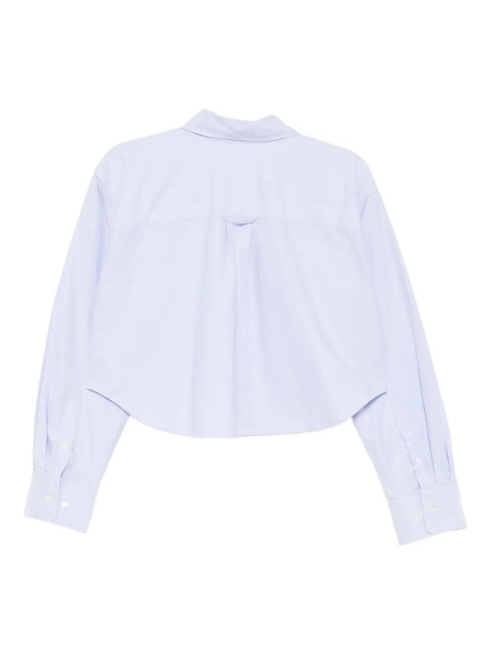 Back view of the Ana Cropped Shirt in Blue, illustrating the shirt's unique cropped design and long sleeves.