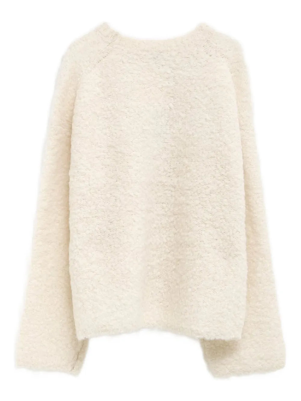 Flat lay of the Boxy Boucle Knit in Milk, emphasizing its luxurious alpaca-blend fabric and elegant design.