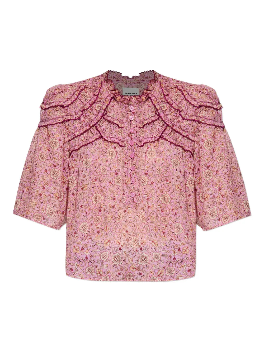 Carmen Top in Pink by Isabel Marant featuring a unique printed gathered cotton voile design.
