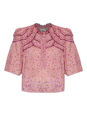 Carmen Top in Pink by Isabel Marant featuring a unique printed gathered cotton voile design.